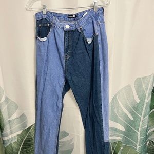Boohoo Blue Contrast High Rise Boyfriend Jean